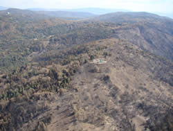 Aerial view of fuels reduction and fire damage on Palomar Mountain.