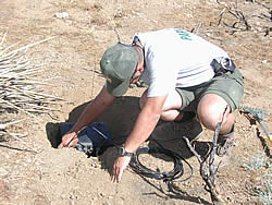National Park Service Law Enforcement Ranger Wayne Dingman installing a seismic ground sensor