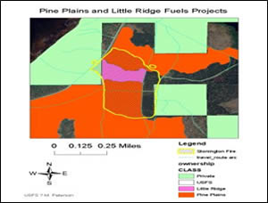 Map of the Pine Plains and Little Ridge Fuels Projects displaying land ownerships and the Stonington Fire boundary.