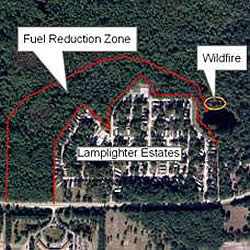 Aerial photograph showing the fuel reduction zone around Lamplighter Estates and the location of the wildfire of May 10, 2008.