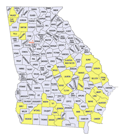 Georgia county map with 32 Grant counties highlighted in yellow.