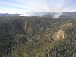 Aerial view of Upper Frijoles prescribed fire, the smoke rising above the forest