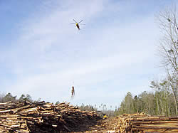 helicopter flying logs to log landing