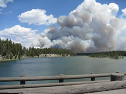 The LeHardy Fire smoke viewed from Fishing Bridge in Yellowstone National Park.