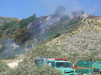 Smoke from the small brush fire in the Flintridge Project area. Forest Service engines in the foreground on the scene.