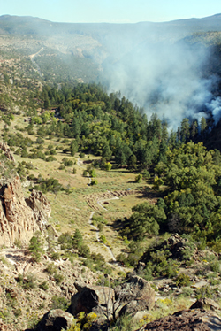 Prescribed fire in the area around Tyuonyi Pueblo in Frijoles Canyon.