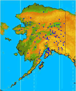 Map: Remote  Automated Weather Stations (RAWS) in Alaska.