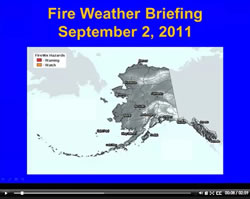 Screenshot of the first slide of the fire weather briefing podcast displaying a map of Alaska and fire weather hazard.
