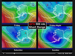 Image of the 500 mb short range forecast in the fire weather briefing podcast displaying four pressure zone maps of Alaska.