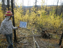 Girl holding up a plot marker for the picture.