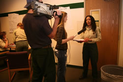 Students practicing a television interview.
