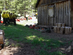 Firefighters and equipment at the Quinn Patrol Cabin.