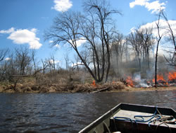 View from a boat of the Spring 2011 prescribed fire burning along the shore of the river.